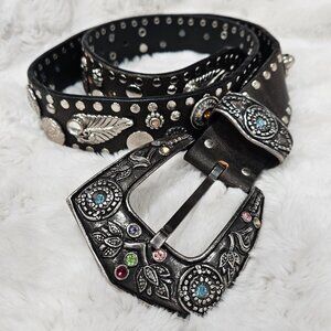 NANNI ITALY Black Silver Metal Accent Western Unisex Buckle Belt 85/34"